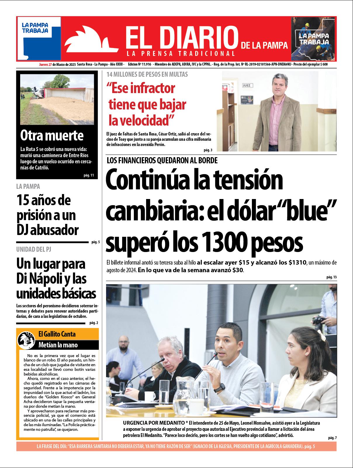 Tapa de El Diario en papel  jueves 27 de marzo de 2025
